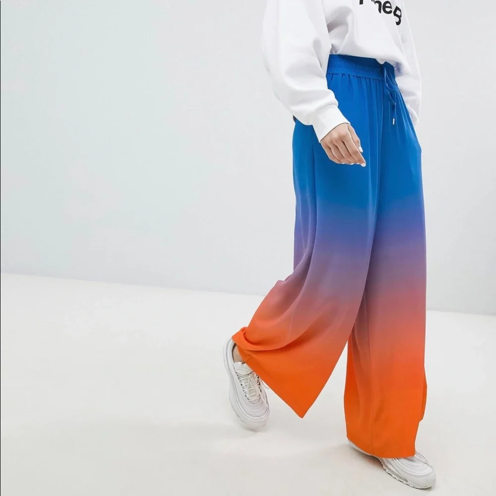 Asos Weekday Women's Blue & Orange design draw string wide legs Pants Size 36 - Picture 4 of 15